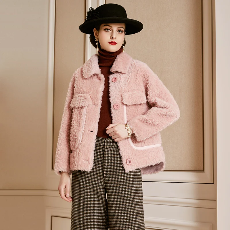 

SHZQ Pink Fashion Cotton Wool Coat Women's 2021 Winter New Fur Coat Granular Sheep Shearing