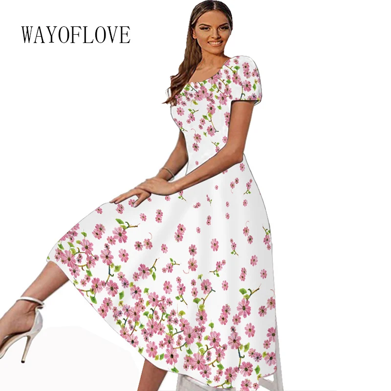 

WAYOFLOVE Spring Summer Floral Dress Women Beach Casual Short Sleeved Square Collar White Print Dress Party Long Dresses Elegant