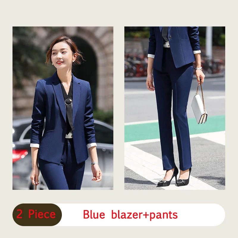 blue blazer pants Осенне-зимний женский профессиональный костюм со штанами, Женская деловая рабочая одежда, офисный Блейзер, куртка, Униформа, черный, синий, наряд, плюс размер - Цвет: blue blazer pants