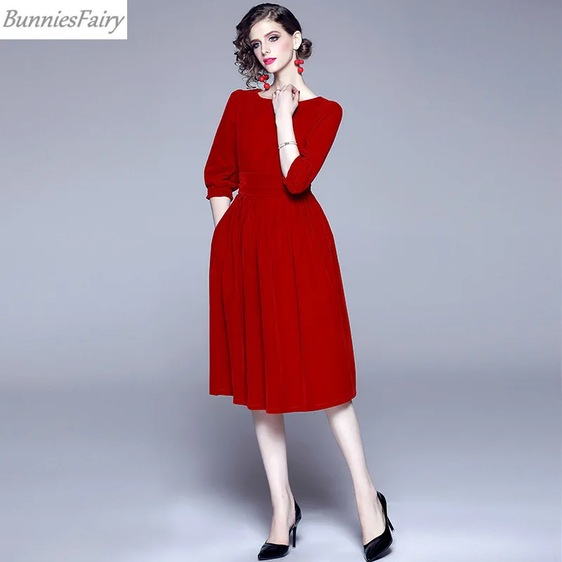 BunniesFairy осень зима женское элегантное Хепберн винтажное однотонное плотное красное темно-синее Золотое бархатное платье миди