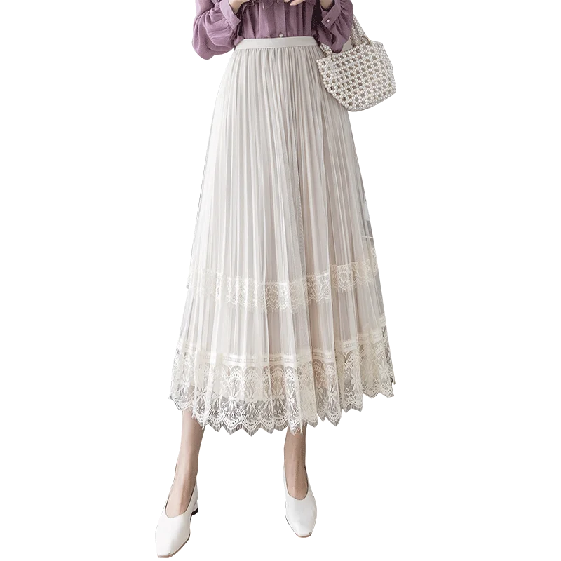 

JXMYY 2020 autumn and winter new products are fashionable and thin, both sides wear lace mesh velvet pleated skirt