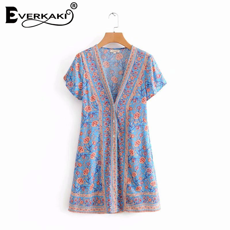Everkaki Boho мини-платье с принтом женское осеннее кружевное платье v-образным вырезом
