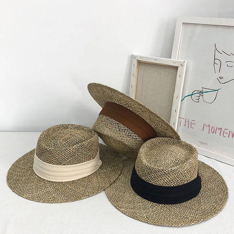 

2021 New Handmade Straw Beach Hat for Women Summer Hat Panama Cap Fashion Concave Flat Sun Protection Visor Hats Wholesale