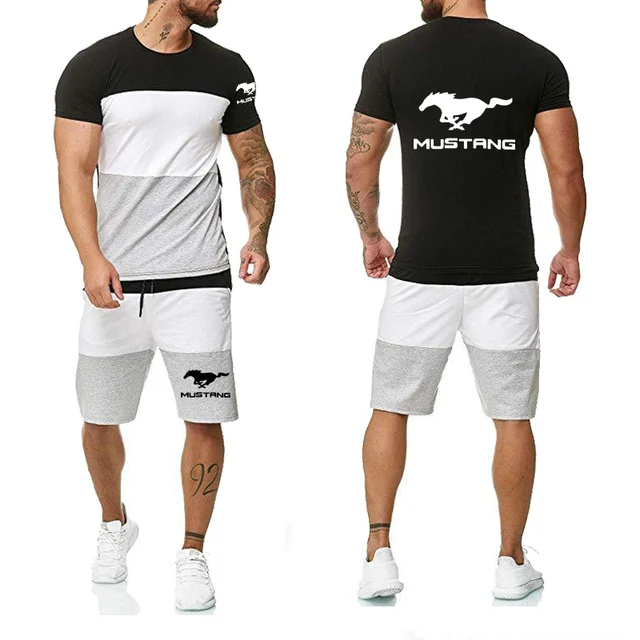 

New Fashion Summer Men T-Shirts Mustang Car Logo Print Shor Sleeve Casual Cotton Round Collar Men T-shirt+shorts 2pcs suit