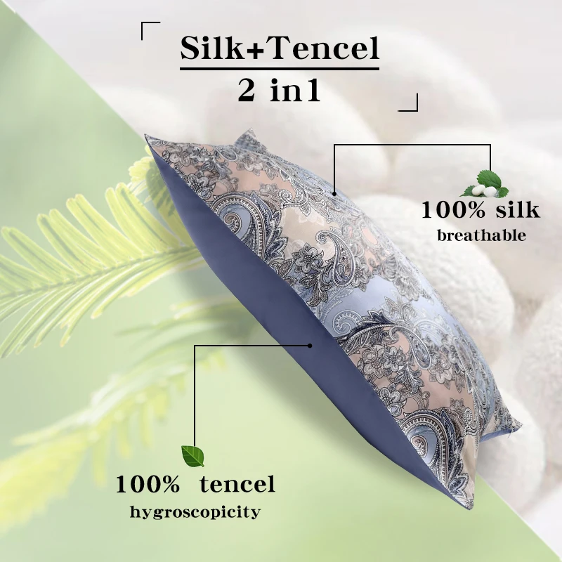 22 Momme Printed Mulberry Silk Pillowcase Backside Tencel For Hair Skin Care 2 in 1 Pillow Case Cover Multifunctional Dakimakura | Дом и сад