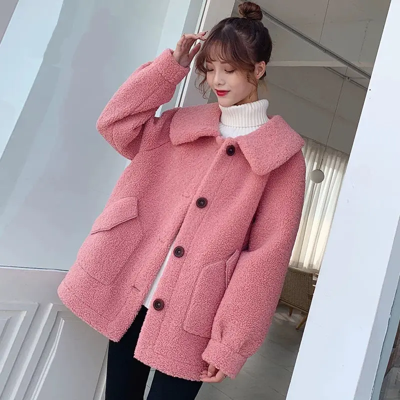 

Lamb Wool Coat Female 2020 Winter New Warm Loose Lapel Pink Small Fragrance Wind Imitation Lamb Woolen Jacket Women's Clothing