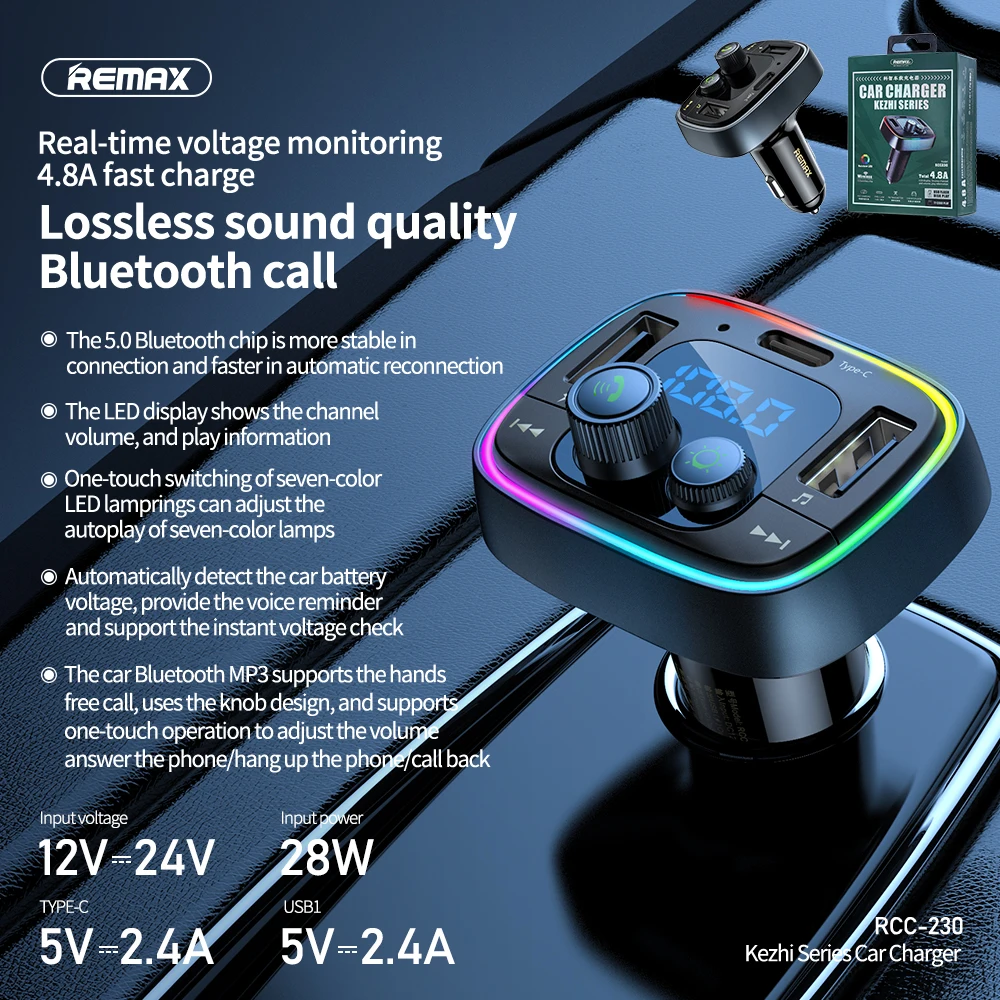 Автомобильное зарядное устройство Remax Bluetooth 5 0 FM-передатчик два USB/Type-c 4 8 А быстрая