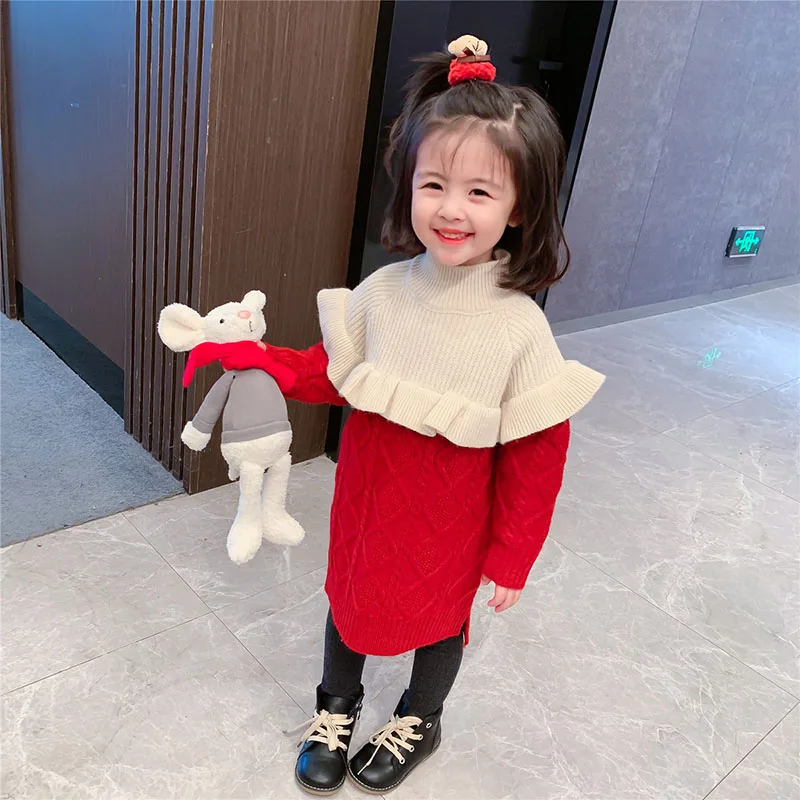 

2020 new arrival Color matching woolen sweater dress with fungus edge sweet girl for promotion 13-5
