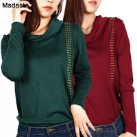 women t shirts 2020 autumn long sleeve turn down neck tops knitted diamonds top casual plus size stretchy woman tees shirts