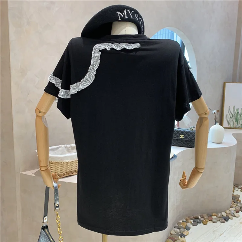 

New Women's Clothing Summer 2021 Fashion Loose Ruffle Plaid stitching decorative short sleeve T-shirt design top