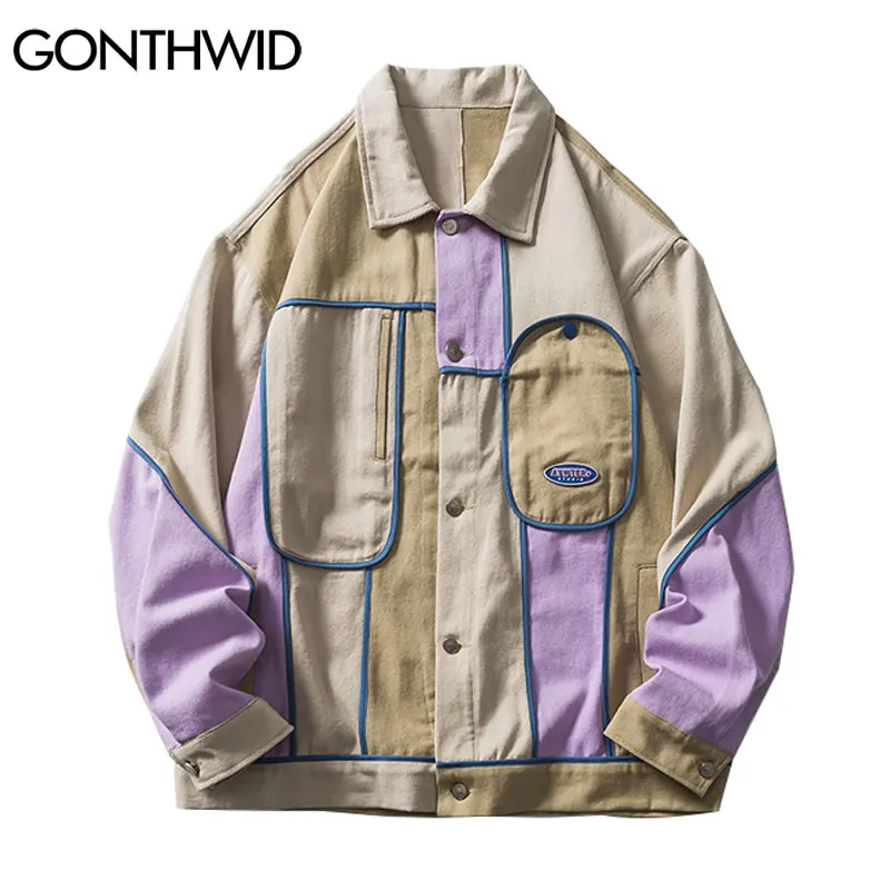 

GONTHWID Jackets Streetwear Harajuku Vintage Color Block Patchwork Jacket Coats Hip Hop Hispter Casual Urban Coat Tops Outwear