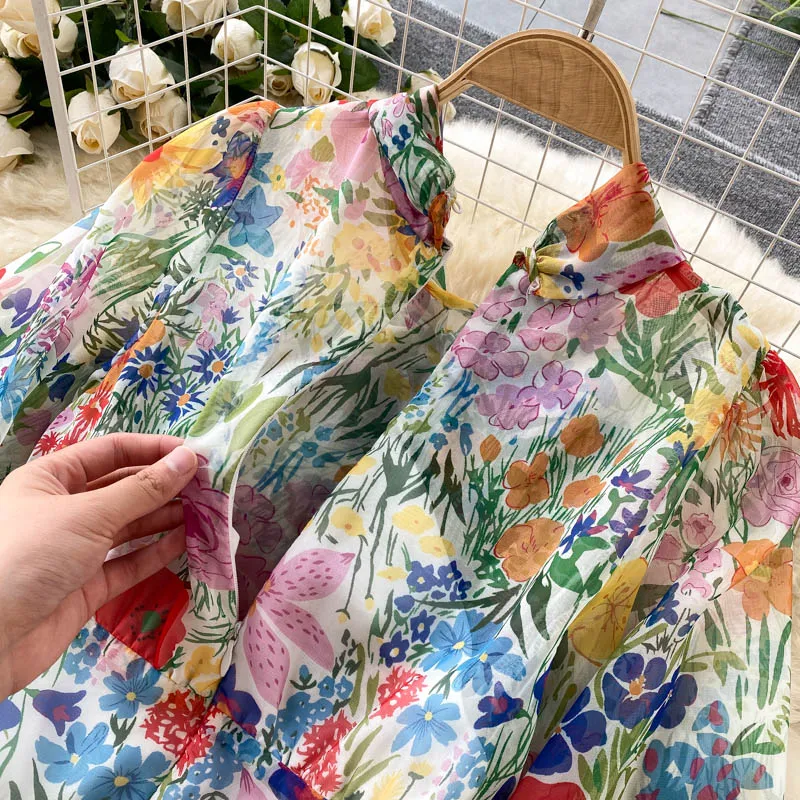 

Summer Sundress Woman Print Chiffon Dress Puff Sleeve Elegant Light Maxi Dresses For Women Fashion Bow tie Long Boho Dress 2021