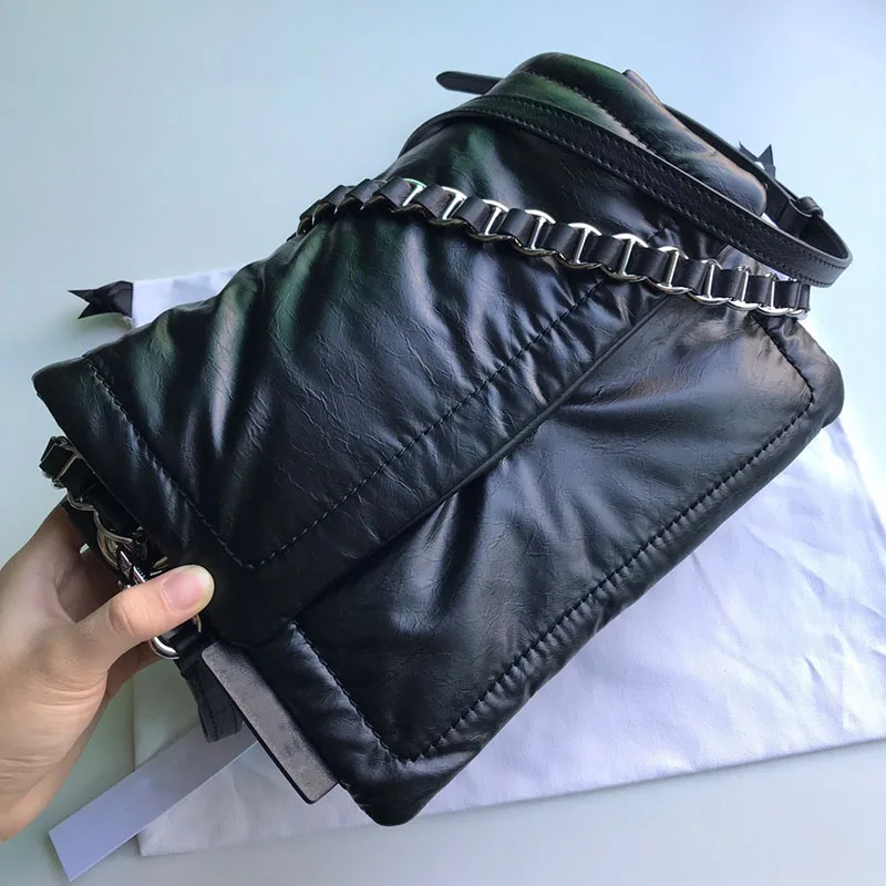 

simple women shoulder bag soft sheepskin material pillow bag chains crossbody bag black 27cm