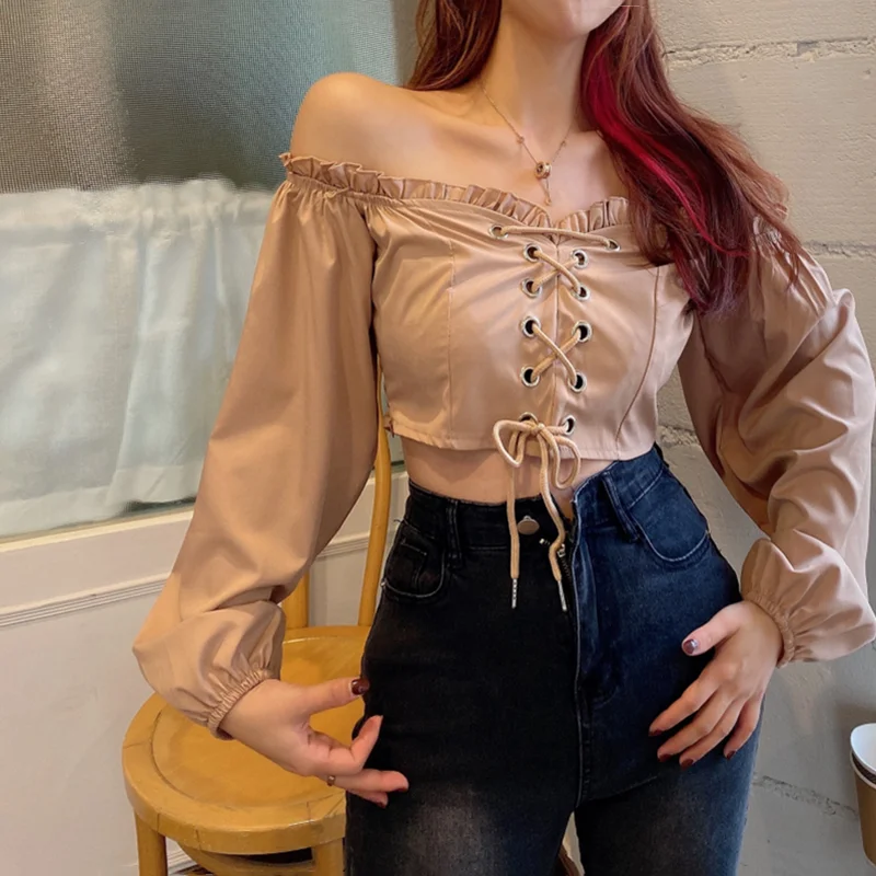 

2021 spring new sexy one-line neck strapless tie shirt slim short long sleeve shirt top women's trend
