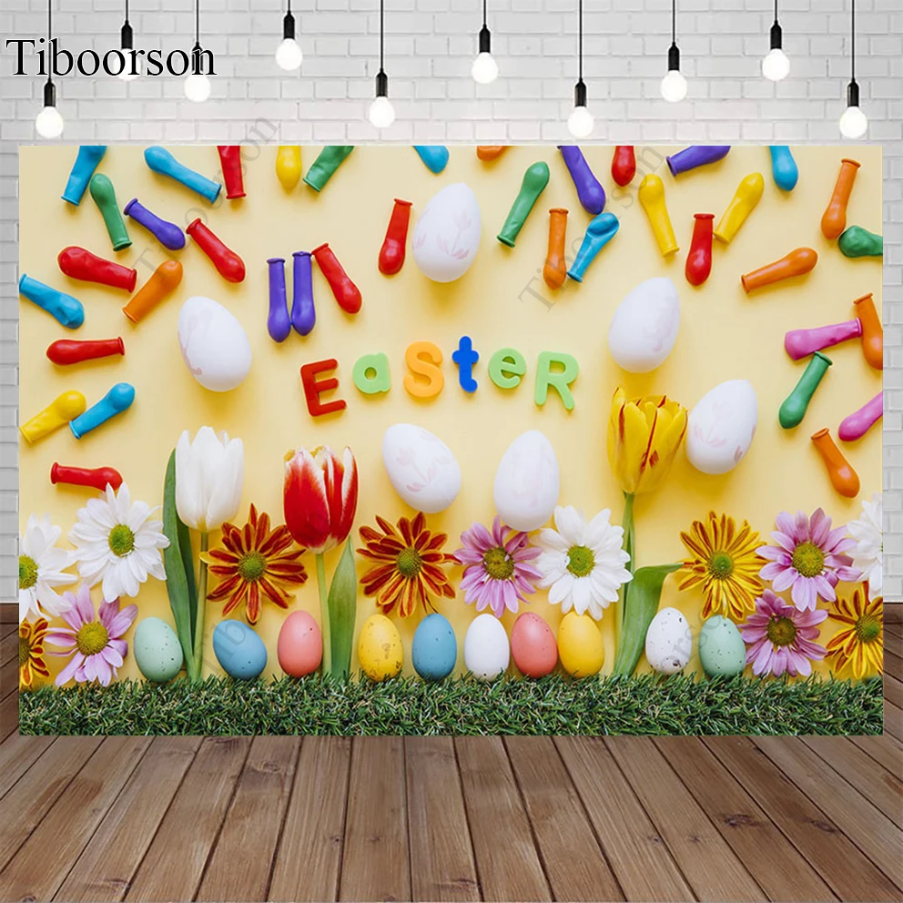 

Happy Easter Balloon Flowers Carrot Eggs Bright Yellow Photography Backdrop Photographic Decoration Backgrounds for Photo