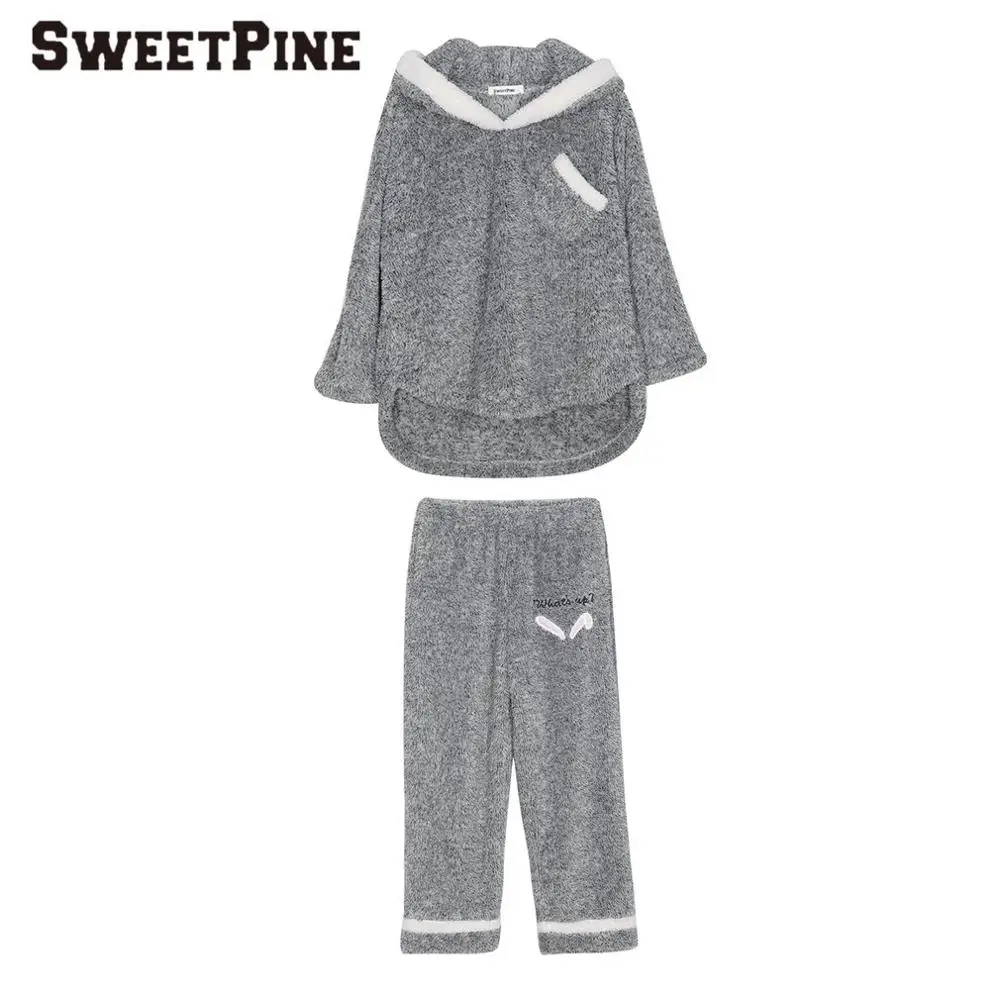 gray Бренд SWEETPINE, высокое качество, женские пижамные комплекты, зимние Утепленные фланелевые пижамы, комплект из 2 предметов, топы с капюшоном и теплые штаны, домашняя одежда - Цвет: gray