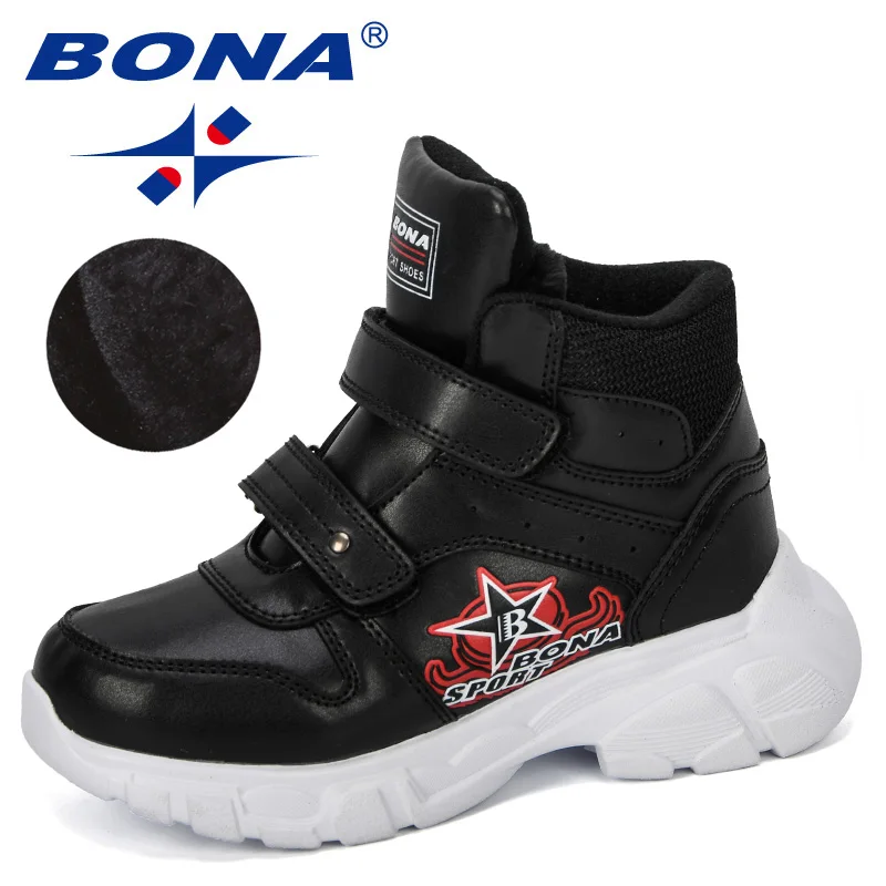 Black BONA новые дизайнерские детские ботинки для снежной погоды, детская спортивная обувь для мальчиков, Сникеры, модная застежка «липучка» детские теплые ботинки с высокими берцами; удобные - Цвет: Black