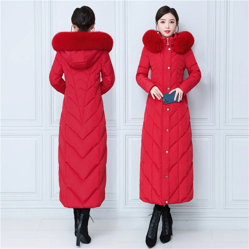 

4XL Fit -30℃ Winter 125cm Super Longer Duck Down Coats Female Thicker Warm Fur Coats Large Real Fox Fur Hooded Parkas wy386