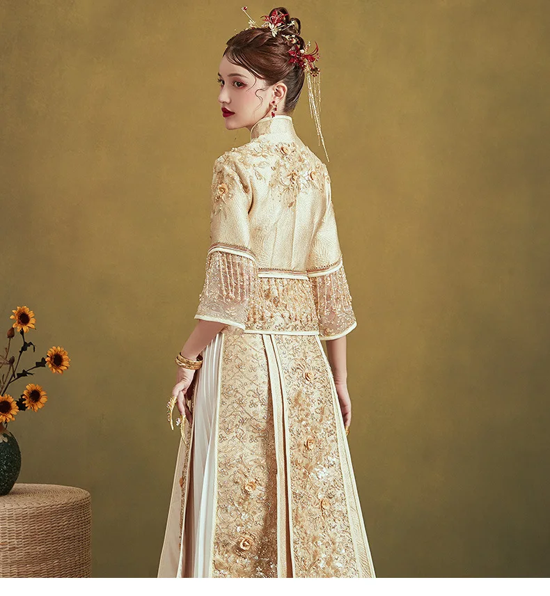 Китайское традиционное свадебное платье с золотым драконом и фениксом банкетное