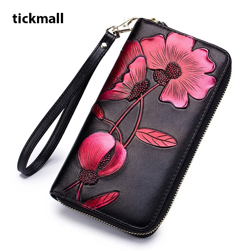 Classic Luxury Hand Painted Floral Women Split Cow Leather Long Wallet RFID Lady Wrist Bag Money Clutch Female Coin Purse