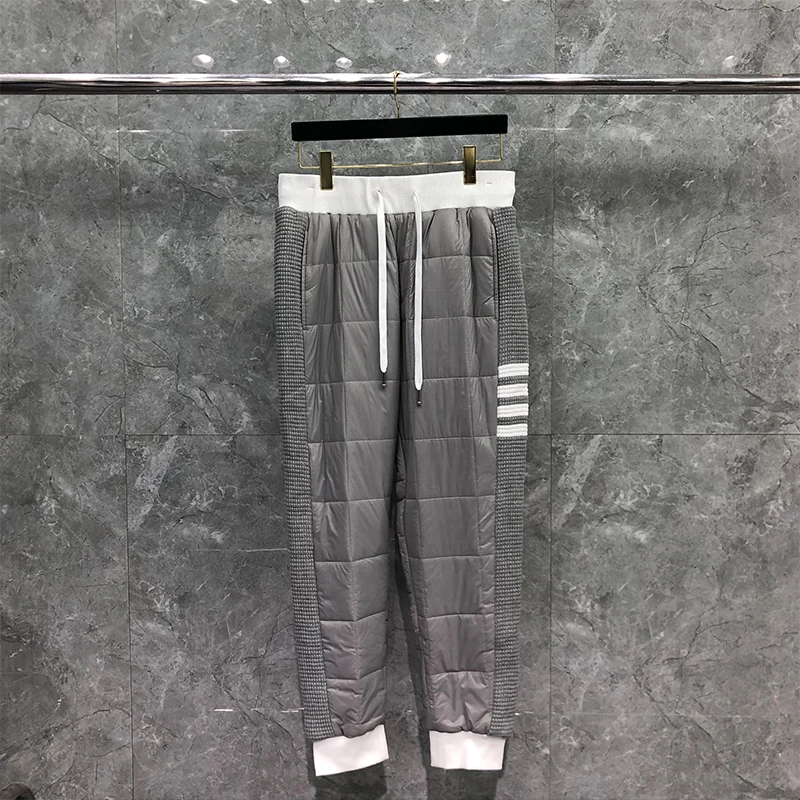 TB THOM Trousers Men's Winter Pants Side Edge White 4-Bar Stripe Diamond Lattice Sweatpant Cotton-Padded Patchwork Gray TB Pants