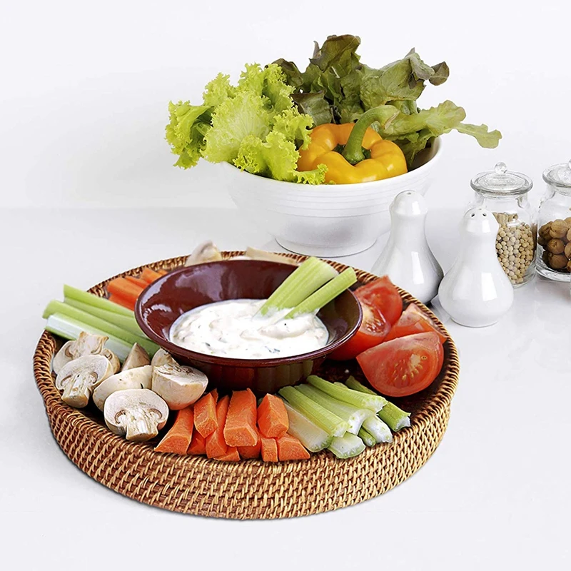 

Rattan Tray With Handle - Hand-Woven Multi-Purpose Wicker Tray With Durable Rattan Fiber (Round 13.5 Inch Diameter, Natural)