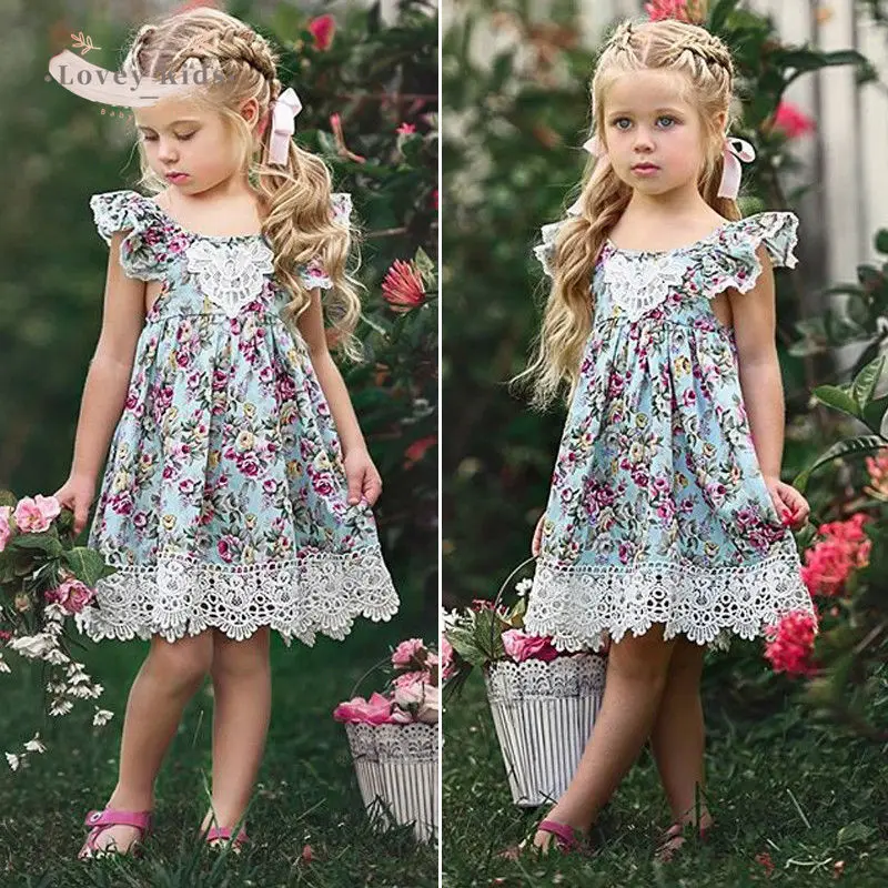 

2021 Spring Baby Girl Dress Floral Ruffle Sleeve Lace Patchwork Sweet O Neck Backless Bandage Princess Mini Dresses