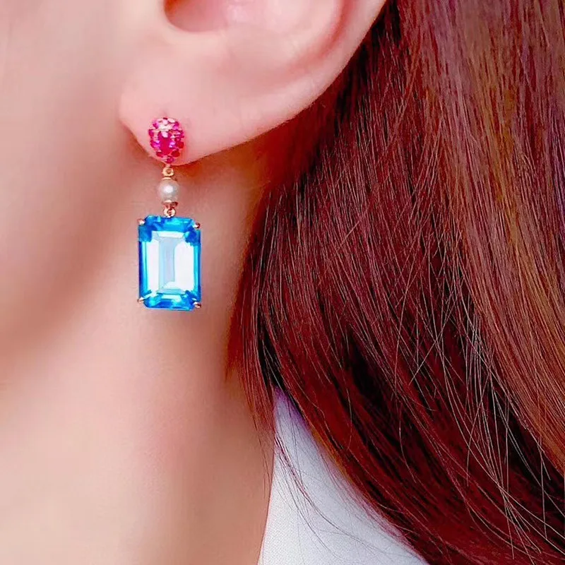 

Fashion Square Blue Crystal Topaz Gemstones Diamonds Drop Earrings For Women Rose Gold Color Luxury Princess Jewelry Accessories