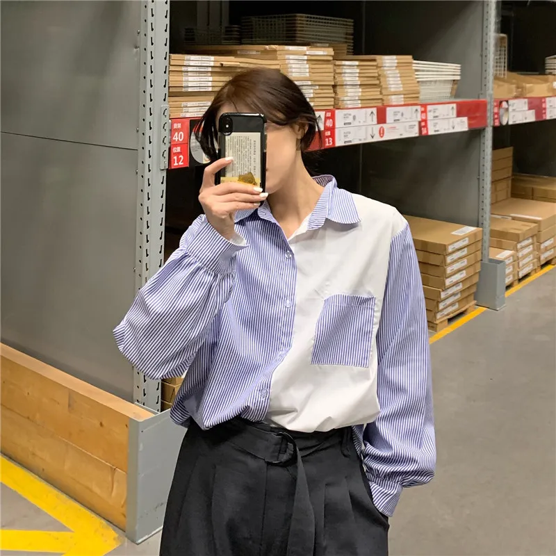 

New 2020 Women Loose Striped Shirt Long Sleeve Blue White Casual Blouse Plus Size Breathable Fashion Lapel Tops vintage Myself