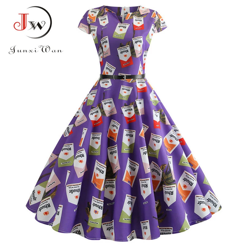 2019 с милым принтом летнее платье Для женщин элегантные Винтаж короткий рукав