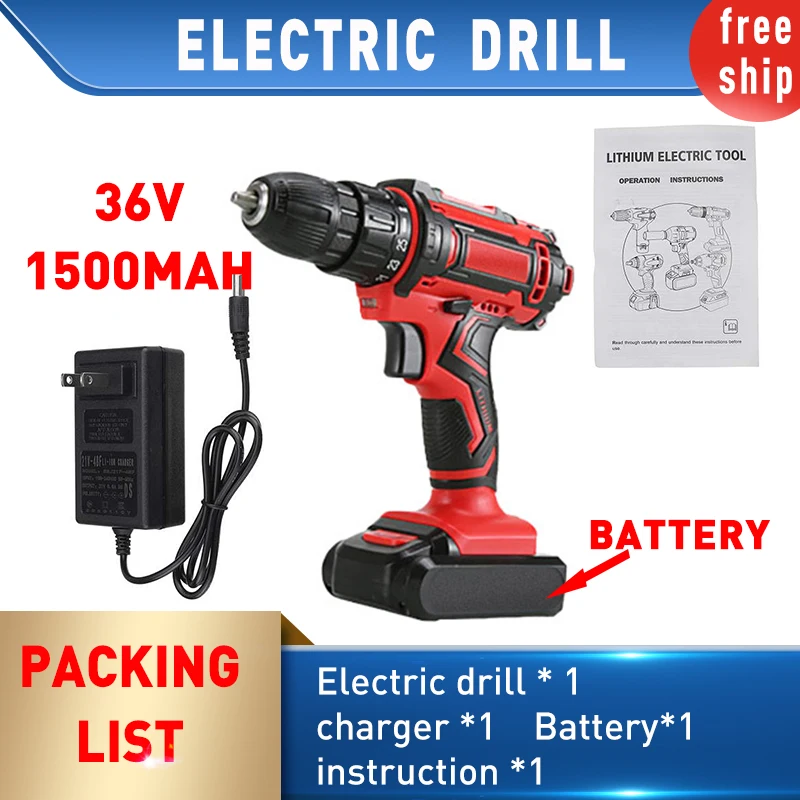 Cordless Drill Electric Screwdriver Mini Wireless Power Driver DC Lithium-Ion Battery 3/8-Inch 1 battery 36V 1500mAH charger | Инструменты