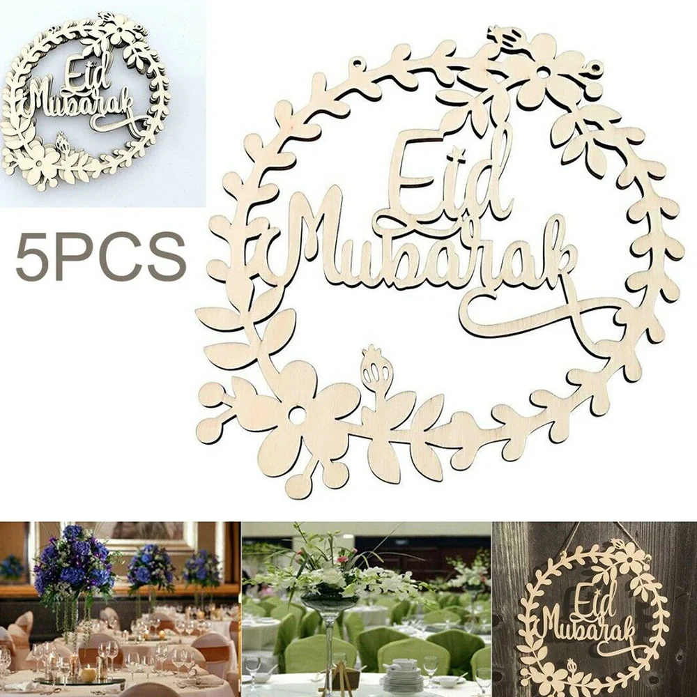 

5 Pcs/Set Wooden Eid Mubarak Ramadan Ornaments Hanging Pendants Decor DIY Party Holidays Decoration Hollow Hang Accessories
