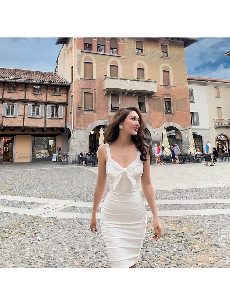 Женское винтажное платье на бретелях-спагетти с бантом | Женская одежда