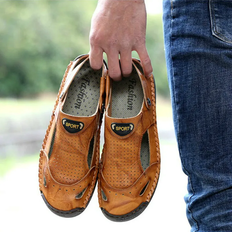 

New Men Shoes Genuine Leather Men Sandals Summer Shoes Beach Sandals Men Fashion Outdoor Casual Shoes Hollow Slipper Big Size 48