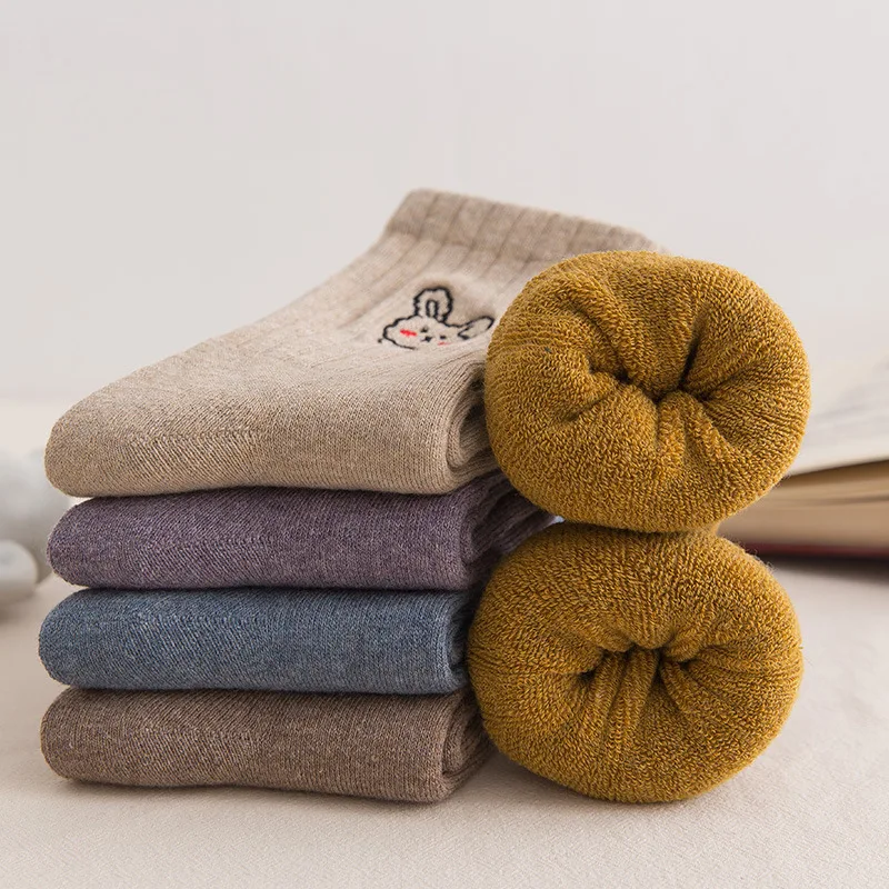 

New Autumn Winter Funny Embroidery Cotton Women Socks Thick Warm Happy Cute Pattern Bunny Socks Casual Plush Sock For Girl