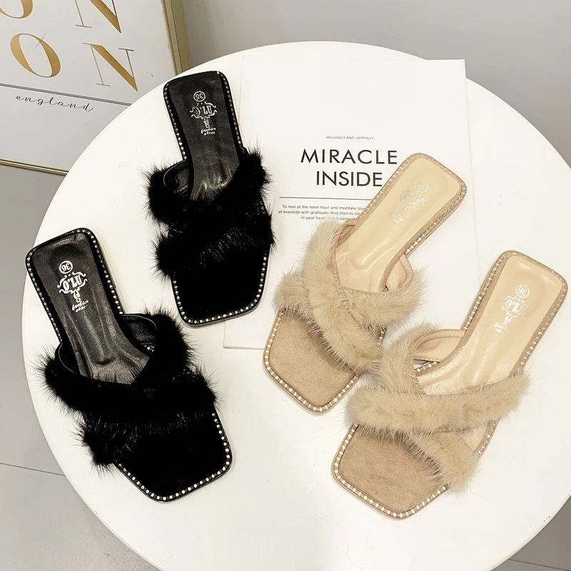 

Fur Peep Toe Solid Color Women Slippers Flat Shoes Sandals Square Toe Low Heels Slides Beach Casual Summer Shoes For Women 2021