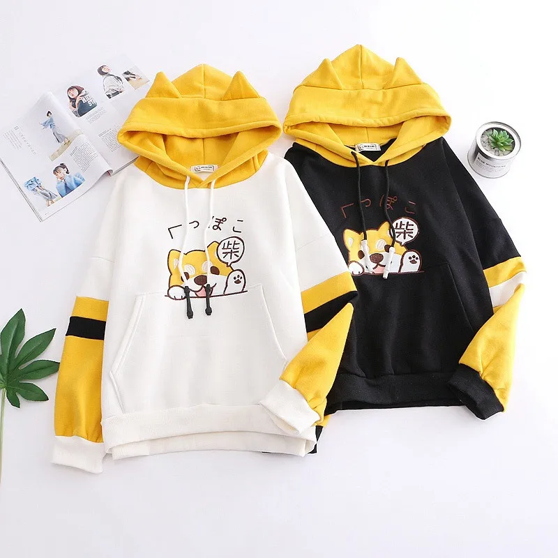 В стиле Харадзюку Толстовка shiba Inu Doge Толстовка Kawaii Смешанный хлопок с длинным рукавом Кепки пальто с капюшоном с рисунком из аниме Стиль свитер на Рождество
