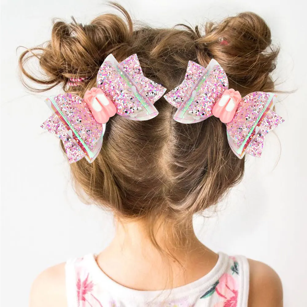 2Pcs/lot 3'' PINK Glitter Bow Hair Clips for Girls Back To School Hair Accessories Dance Party Bows Hair Barrettes for Kids (0)