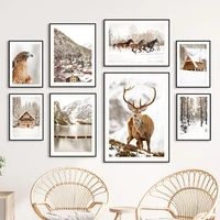pine forest snow house mountain elk eagle wall art canvas painting nordic posters and prints wall pictures for living room decor