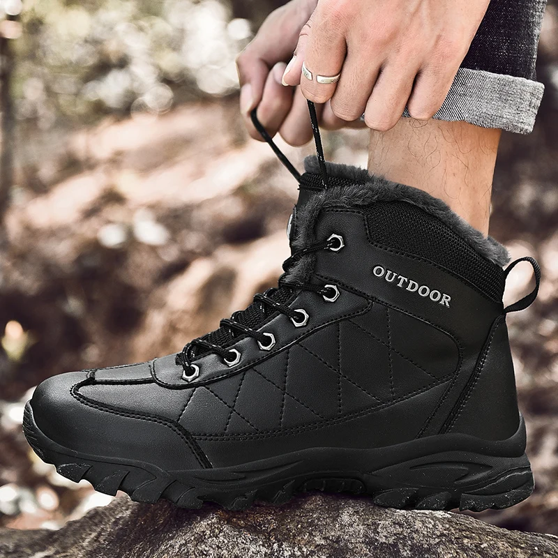 

SusuGrace Men's Warm Hiking Ankle Boots Winter Leather Non-slip Lace-up Sneaker Outdoor Male Plush Lining Walking Sport Footwear