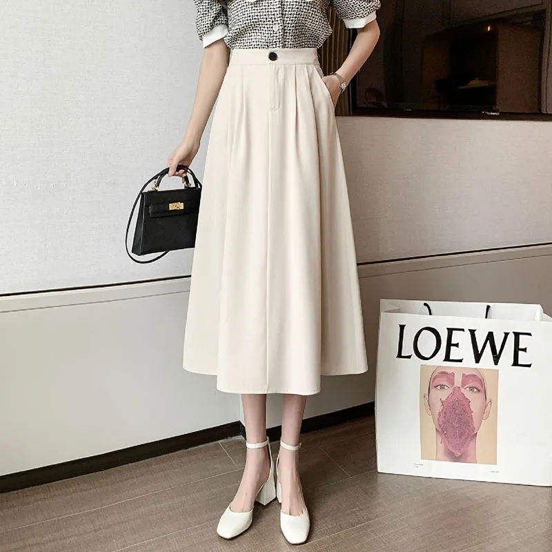 

Skirts Womens 2021 Summer Office Lady Elastic Waist A-Line Black Elegant Overalls Midi Suit Women's Skirt Jupe Femme