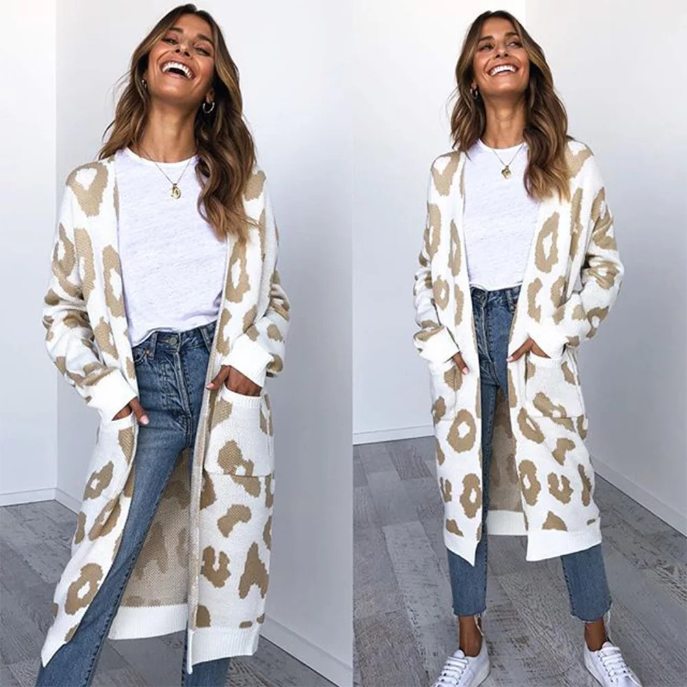 

Knit Cardigan Sweater Women 2021 Autumn Fashion New Mid-length Long Sleeve Pockets Buttonless Leopard Print Jacket T78