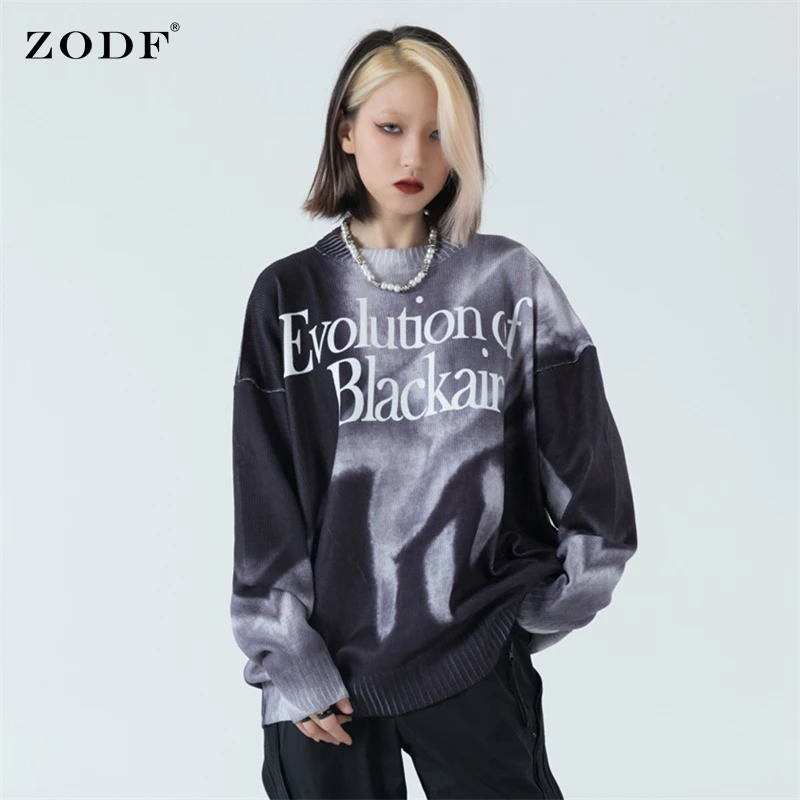 

ZODF New 2021 Men Autumn Tie Dye Sweaters Oversized Loose Printing Unisex Knitted O-Neck Pullovers Brand Streetwear HY0322