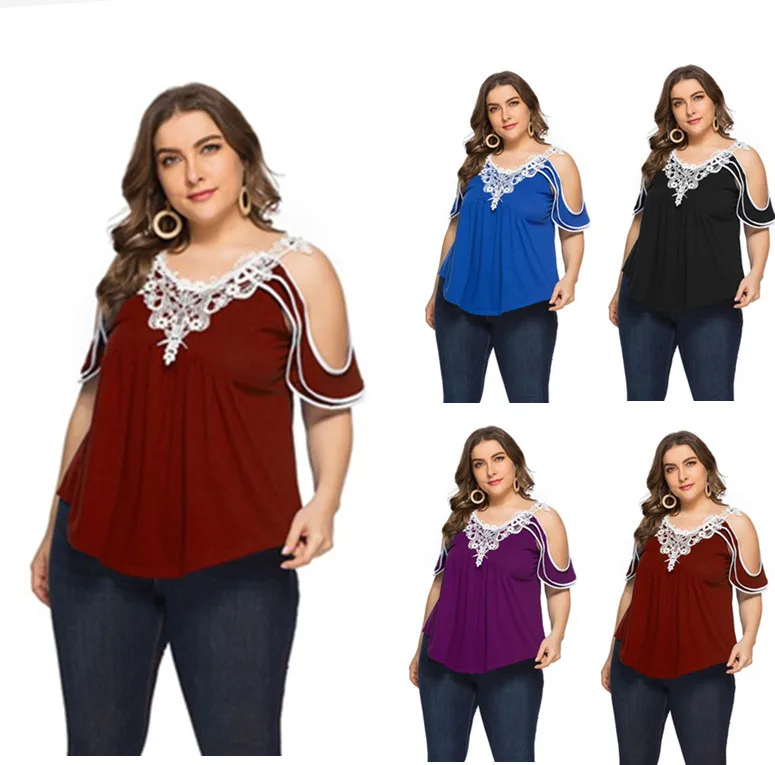 

Lace Splicing V-neck Short Sleeve Off Shoulder Large T-shirt for Women L ~ 5XL