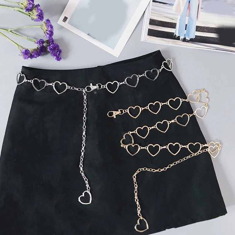 

2020 Vinage Flash Drill Heart Waist Chain Belt Cute Silver Metal Belts For Women Punk Style Jeans Belt Girls Skirt Chain Belts