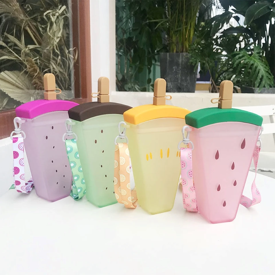 

320ml Portable Plastic Water Bottles Cute Watermelon Milk Juice Bottle With Straw Bottle Leak Proof Popsicle Kids Drinkware Cup