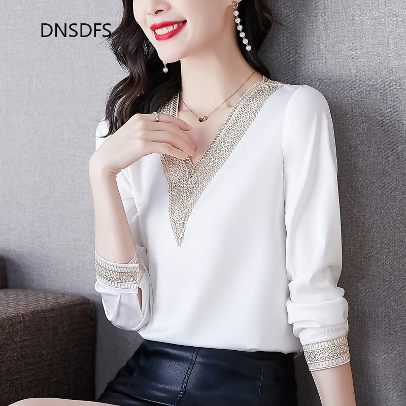 

Белая рубашка, модная Корейская одежда, Офисная Женская атласная шифоновая модная женская рубашка с вышивкой, приталенный Топ с длинным рук...