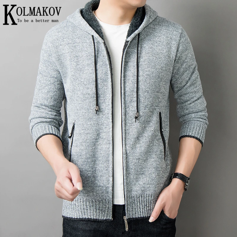 

2021 New Business Casual Men's Cardigan Sweaters Hooded Jacket Solid Color Slim Fit Knitted Sweater Coat Male 4 Colors M-3XL