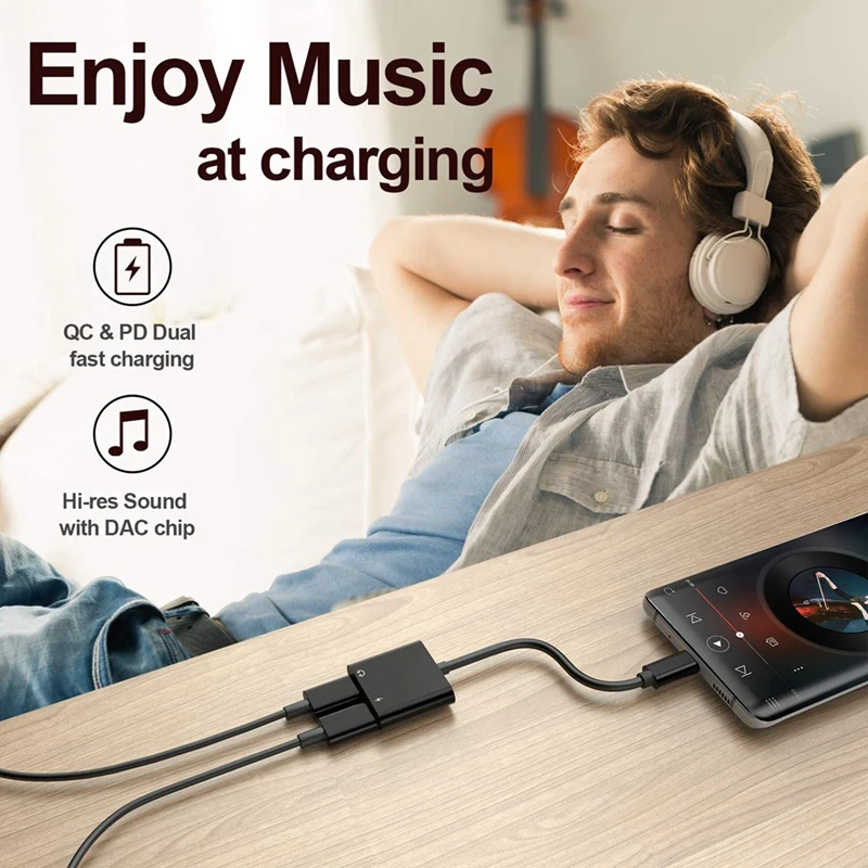 

USB Type C Adapter Audio Listening Happy Call Fast and Safe Charging 2 in 1 Adapter