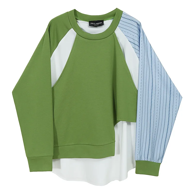 

ZCSMLL Round Collar Striped Loose Sweatshirt Women Long Sleeve Patchwork Color 2021 New Autumn Spring Big Size Femael Tops